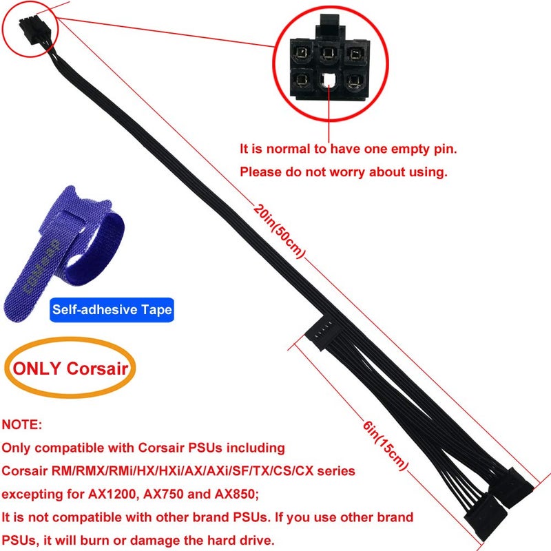 COMeap SATA Power Cable for Corsair PSUs, 6 Pin to 3X 15 Pin SATA Hard Drive Power Adapter Splitter for BTC Mining Riser Card 20-in(50cm) - Image 2